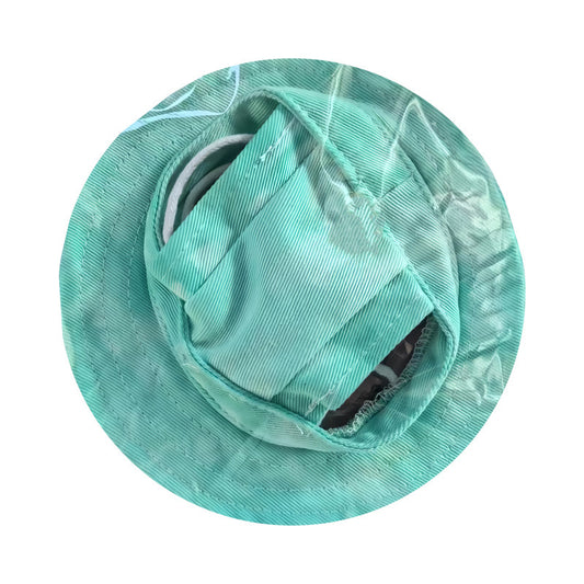 Top view of green breathable dog bucket hat showing inner elastic strap
