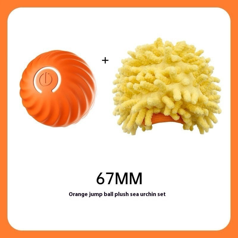 Orange LED jumping ball plush sea urchin set with textured yellow cover labeled 56MM
