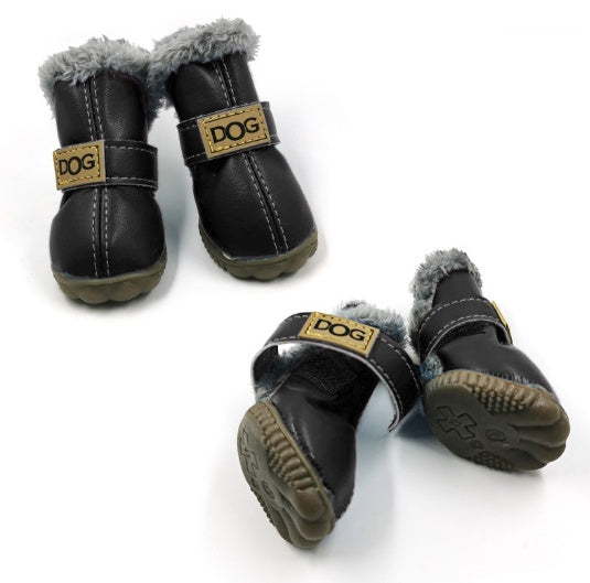 Pair of black dog winter boots with gray faux fur lining and adjustable Velcro