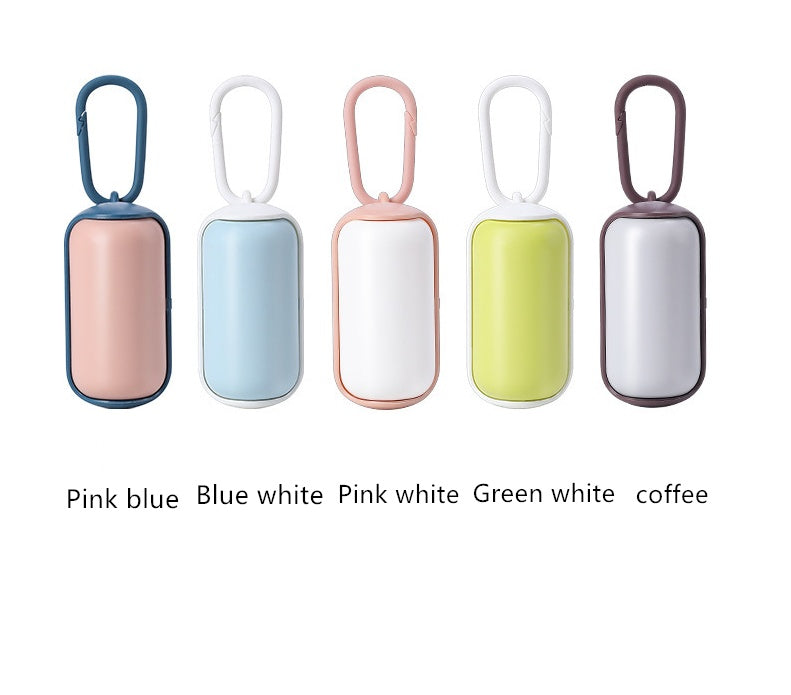 Lineup with color names of five pet poop bag dispensers: pink-blue, blue-white, pink-white, green-white, coffee