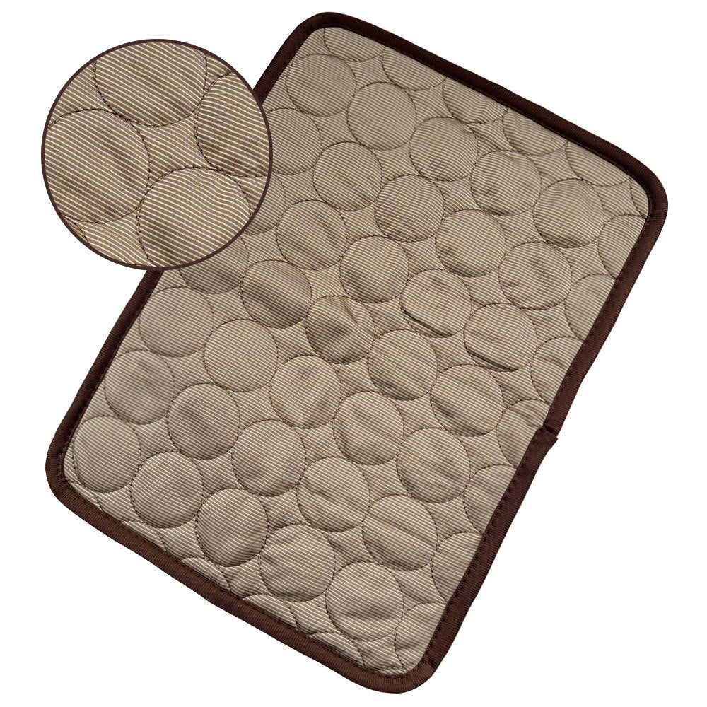 Close-up of brown quilted pet cooling mat showing stitching and texture