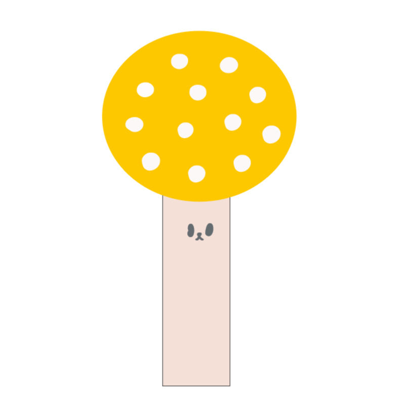 Illustration of yellow mushroom cat toy with white spots and cute face