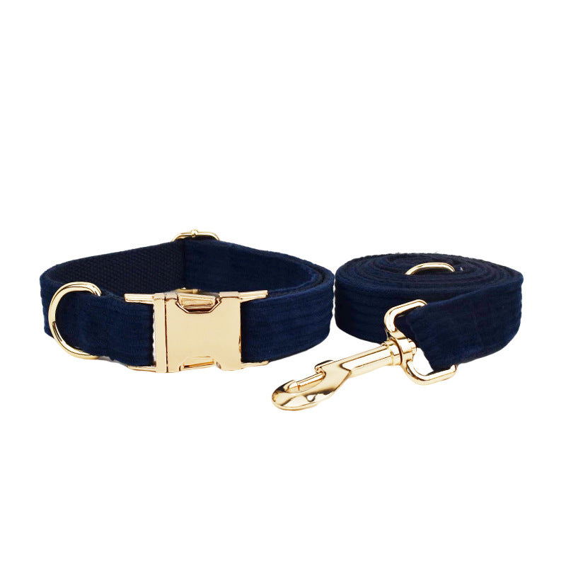 Navy blue corduroy dog collar and matching leash with gold clip and buckle