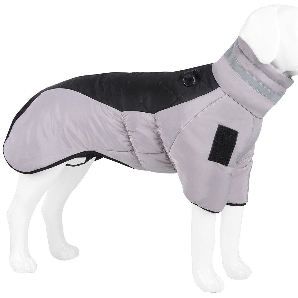 Mannequin dog model dressed in gray and black warm dog coat with leg sleeves and leash ring
