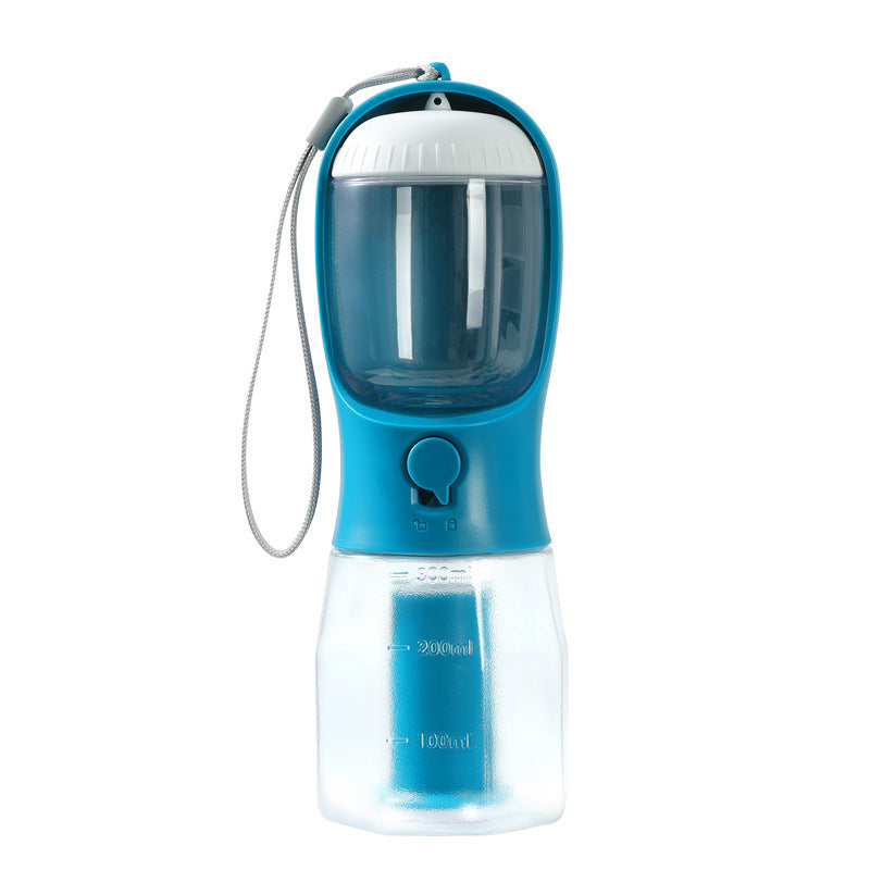 Blue portable dog feeder water bottle standing upright with secure lock and wrist strap visible