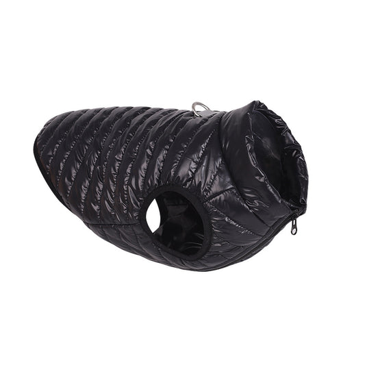 Black quilted lightweight dog jacket with zipper and D-ring hanger on white background