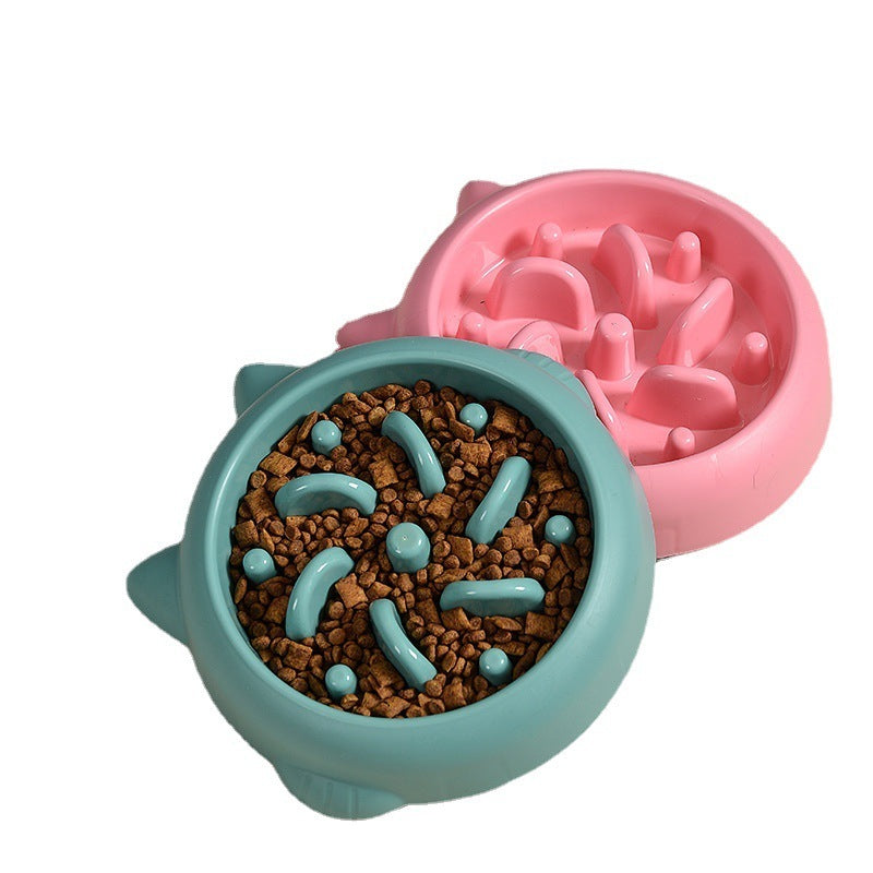 Green and pink slow feeder bowls filled with dry pet food and water on white background