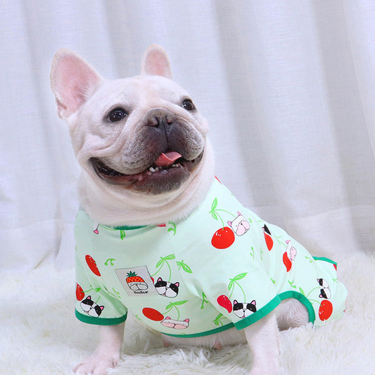 White French Bulldog wearing mint green full-body pajamas with cherry and dog face print