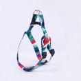 Load image into Gallery viewer, Close-up of metal clasp and handle end of blue and red geometric patterned dog leash
