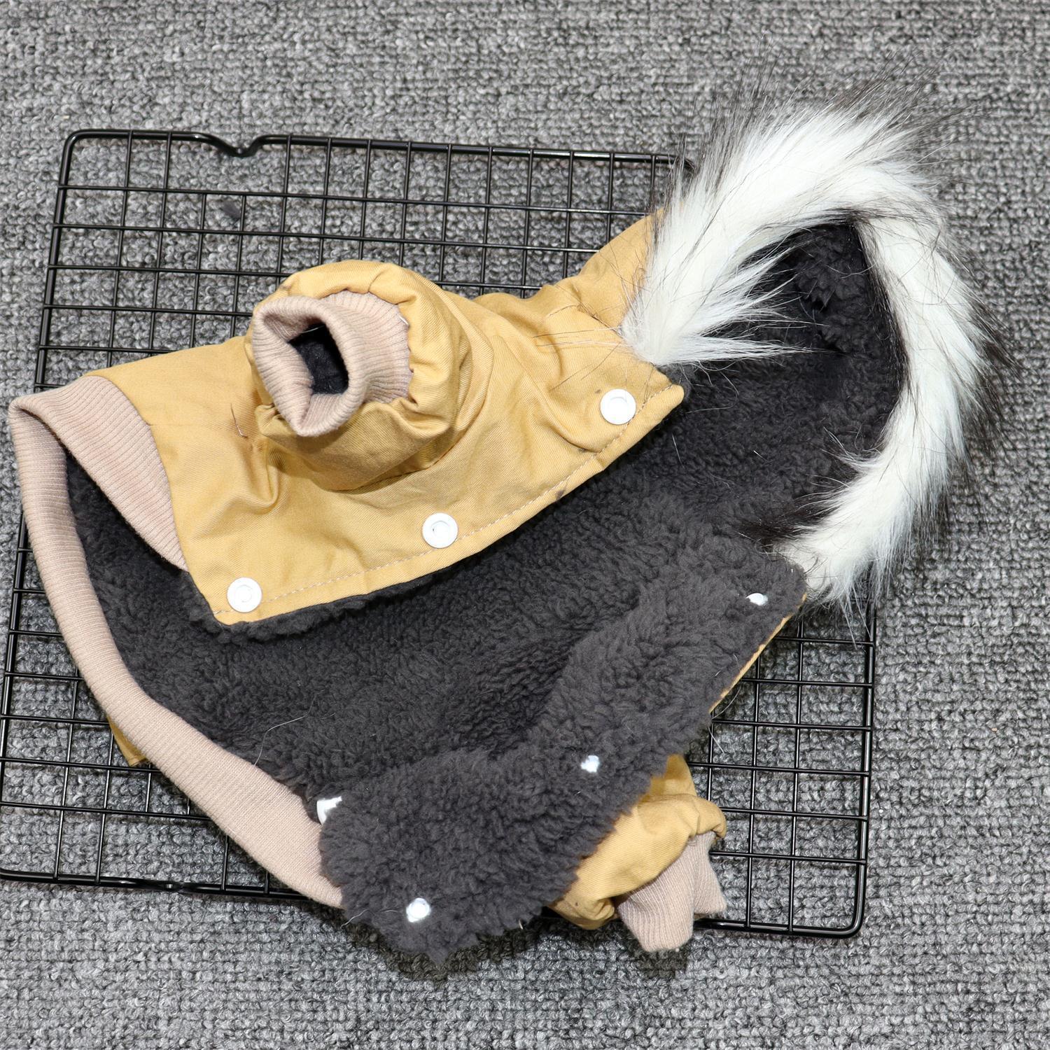 Inside view of the khaki dog coat showing soft plush fleece lining and button closures