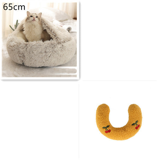 Beige dome bed 65cm size with yellow cherry embroidered pillow close-up