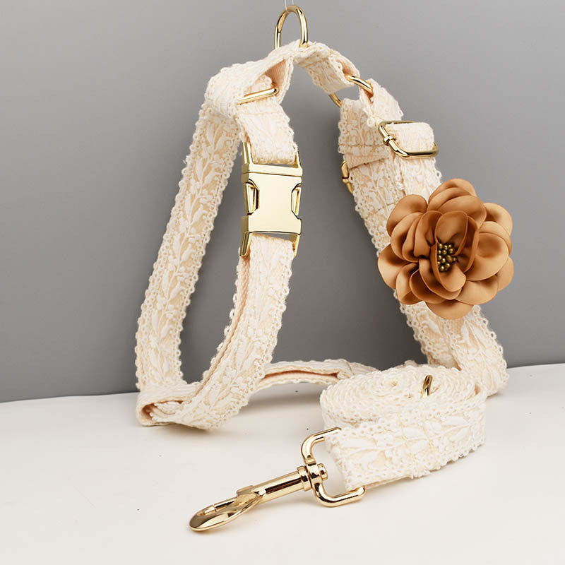 Dog harness with adjustable straps and matching leash made from lace polyester