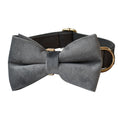 Load image into Gallery viewer, Close-up of gray velvet dog collar with bow tie and gold-tone D-ring
