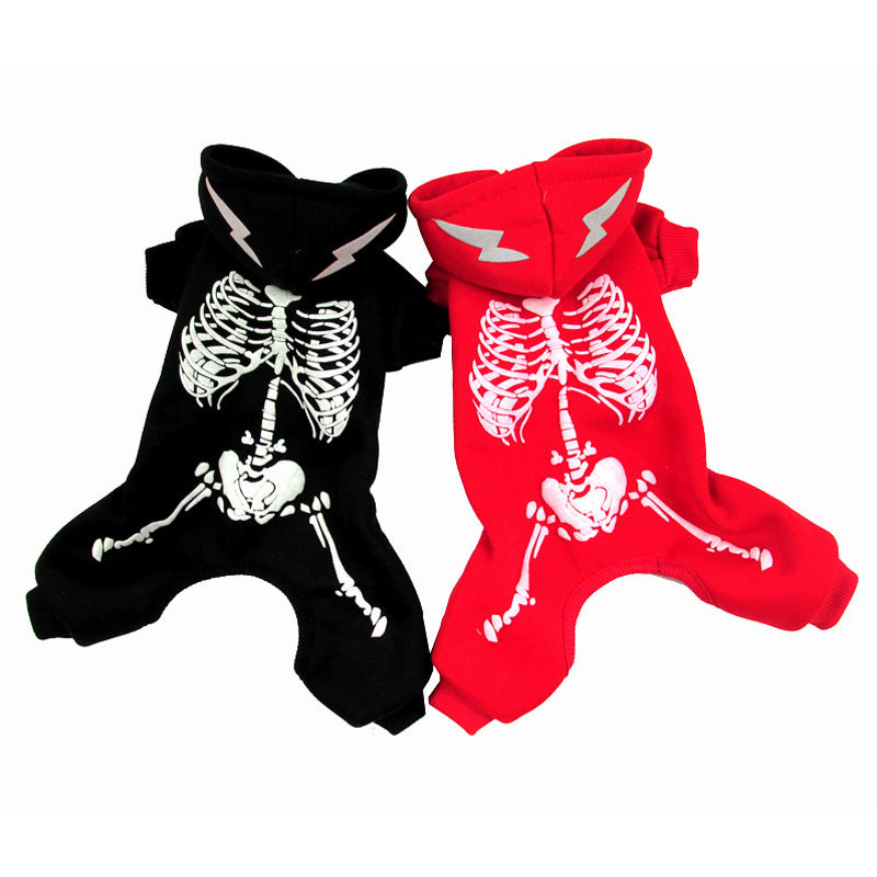 Red and black skeleton print dog jumpsuits with hood displayed side by side on white background