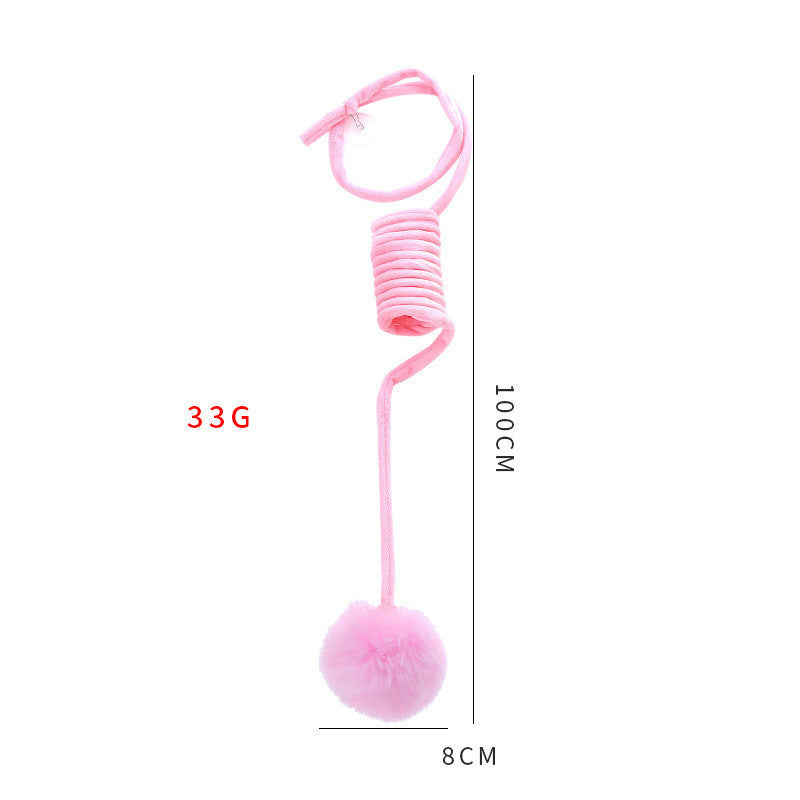 Pink spring rabbit hair ball cat toy showing length and weight dimensions
