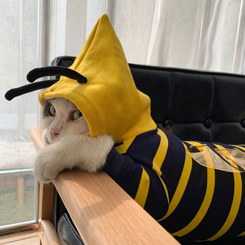 Side view of cat wearing bee hoodie lying on wooden arm of chair with hood up