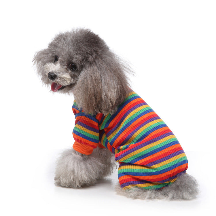 Gray and white striped dog pajamas laid flat showing full view