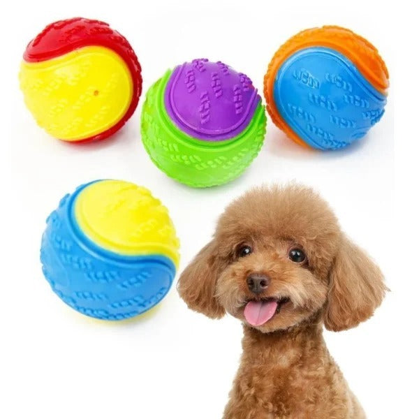 Multiple colorful rubber dog toy balls arranged around a small smiling brown poodle