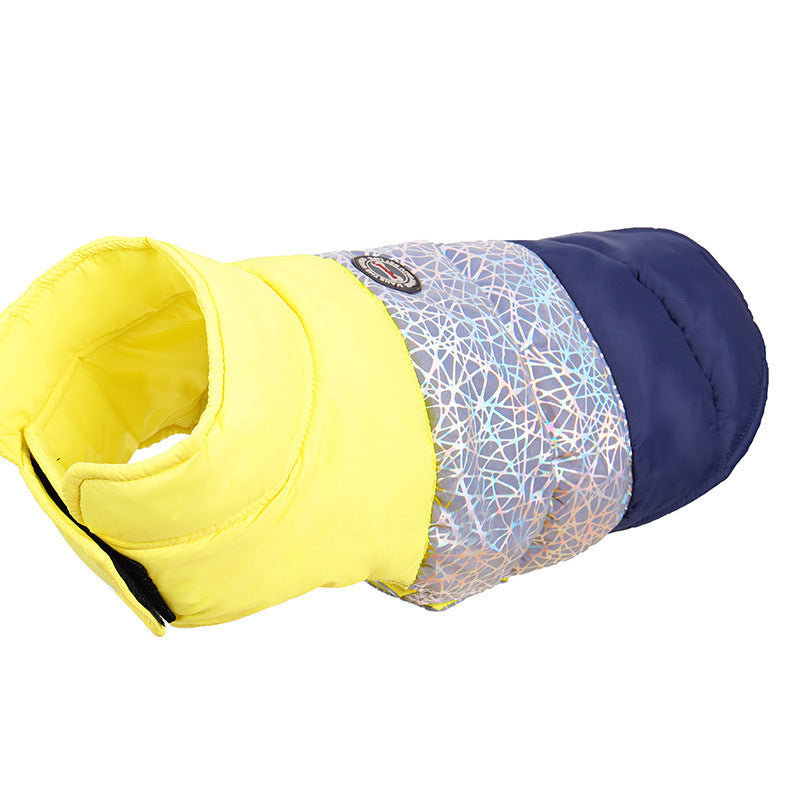 Yellow, navy blue, and reflective patterned padded dog jacket displayed on white background