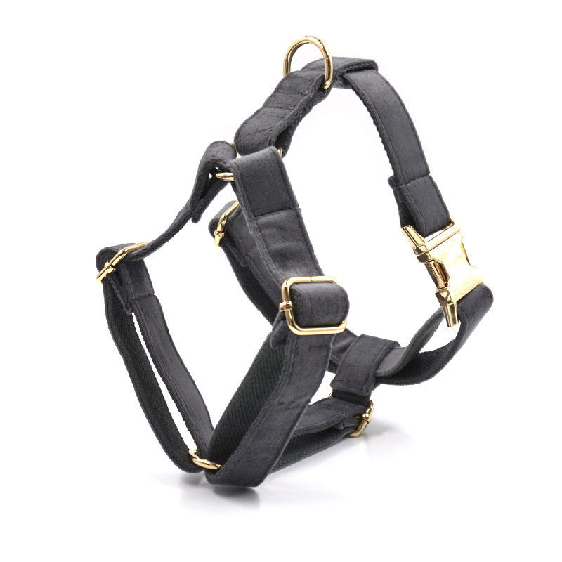 Dark gray velvet adjustable harness featuring gold buckles