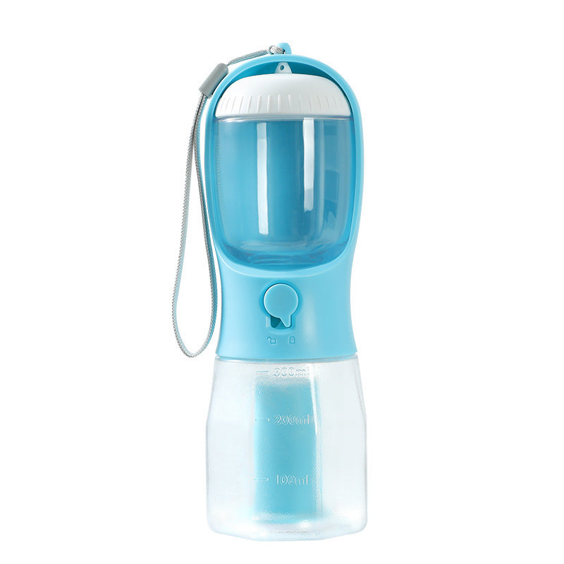 Light blue dog water and food bottle with feeding bowl and wrist strap against white background