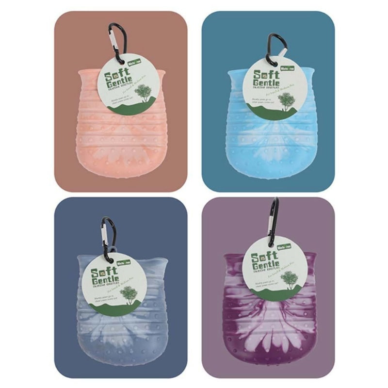 Four color variants of silicone paw cleaning cup with hang tag