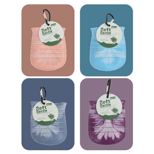 Four color variants of silicone paw cleaning cup with hang tag