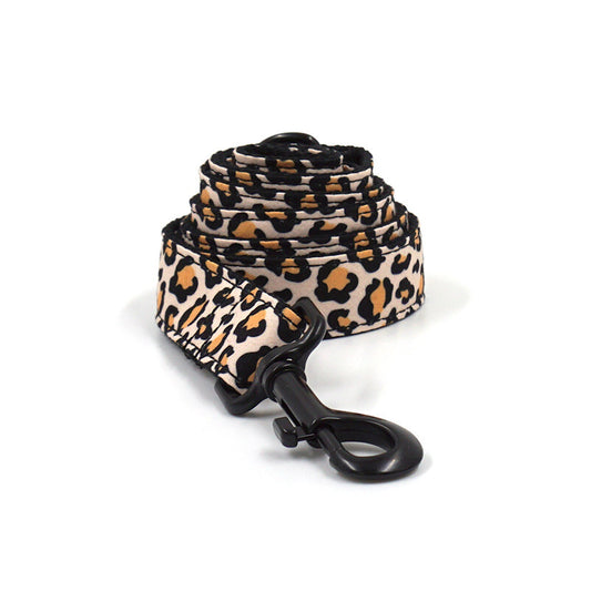 Close-up of the rolled-up leopard print dog leash with metal clasp