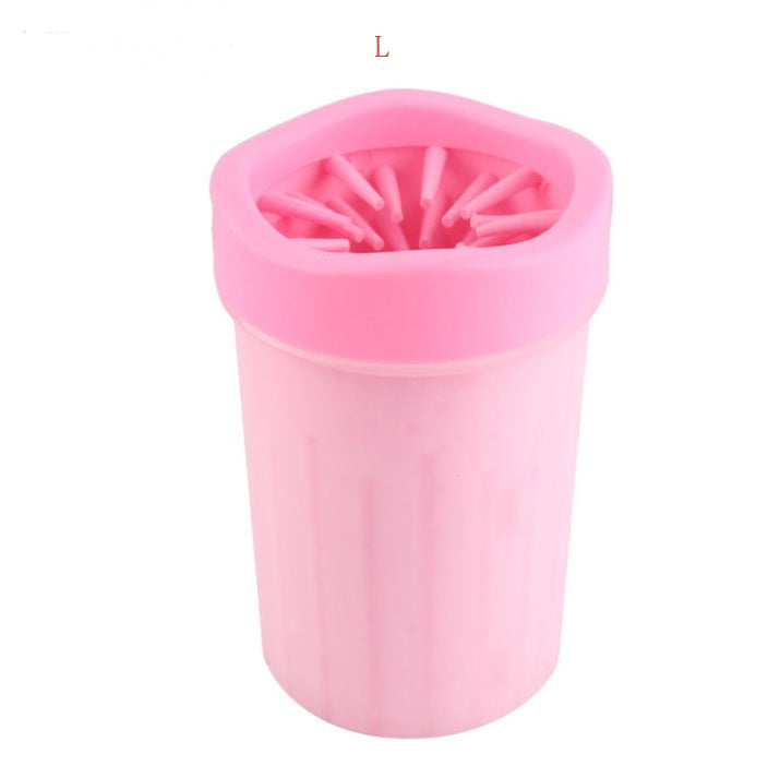 Pink large size silicone dog paw washer cup showing soft silicone bristles inside