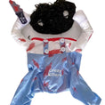 Charger l'image dans la visionneuse de la galerie, Flat lay of the Crazy Killer dog costume showing blood-splattered jumpsuit with embroidered text and attached mock arms with weapon and wig
