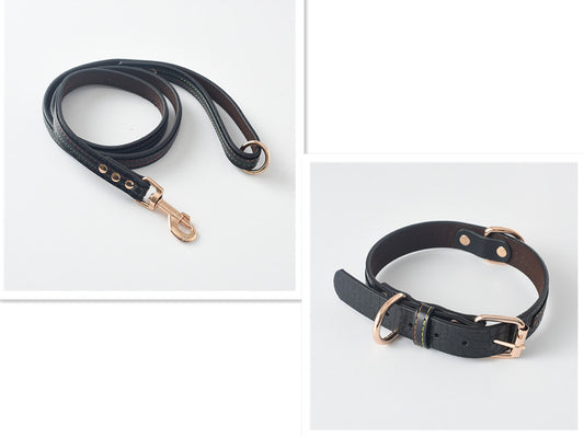 Black PU leather dog leash with rose gold metal clasp and colored stitching