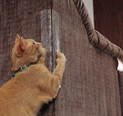 Orange cat scratching clear claw protector pad on brown fabric sofa corner