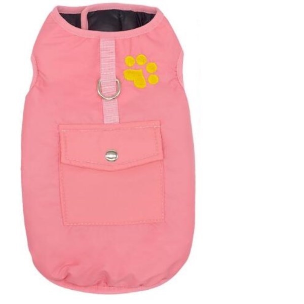 Pink insulated dog coat with front pocket and leash ring displayed flat