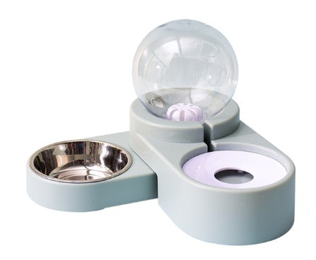 Green automatic pet feeding station with spherical water dispenser and stainless steel bowl