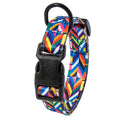 Load image into Gallery viewer, Close-up of plastic buckle and D-ring on colorful multi-stripe patterned dog collar
