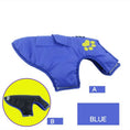 Charger l'image dans la visionneuse de la galerie, Blue insulated dog coat with yellow paw print and black inner lining displayed flat
