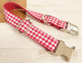 Load image into Gallery viewer, Red checkered dog collar showing adjustable strap, D-ring, and metal buckle
