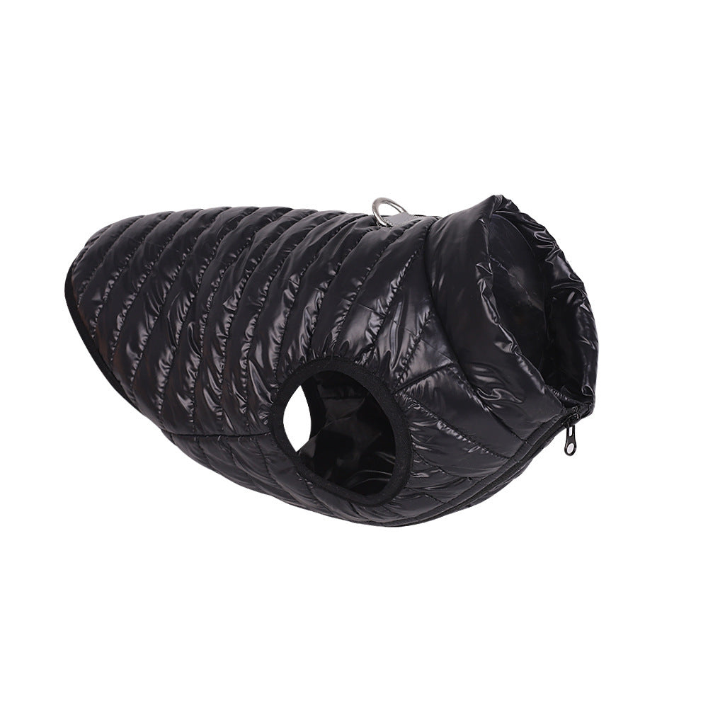 Black padded nylon quilted dog jacket with sleeve openings and a back zipper closure laid flat