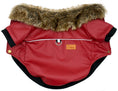 Load image into Gallery viewer, Flat lay of red PU leather dog jacket with faux fur collar, metal D-ring, and snap buttons on black binding

