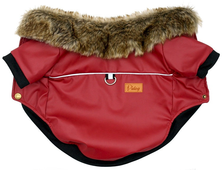 Flat lay of red PU leather dog jacket with faux fur collar, metal D-ring, and snap buttons on black binding