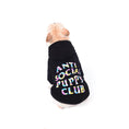 Load image into Gallery viewer, Bulldog wearing black hooded dog sweater viewed from back on white background
