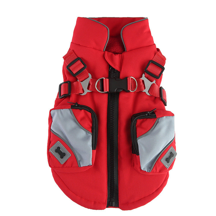 Red insulated dog vest with front zipper, adjustable strap buckles, and dual leash rings