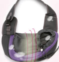 Load image into Gallery viewer, Purple and gray pet sling carrier showing breathability with airflow icons
