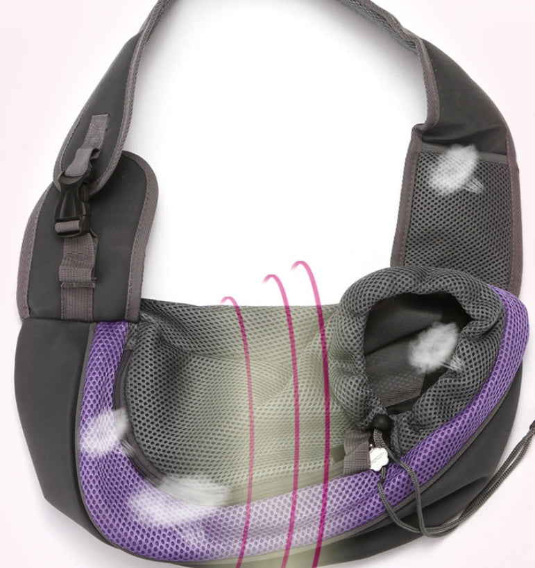 Purple and gray pet sling carrier showing breathability with airflow icons