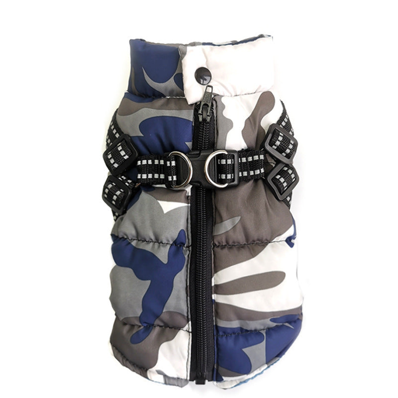 Blue gray camo dog jacket laid flat showing zipper and harness details