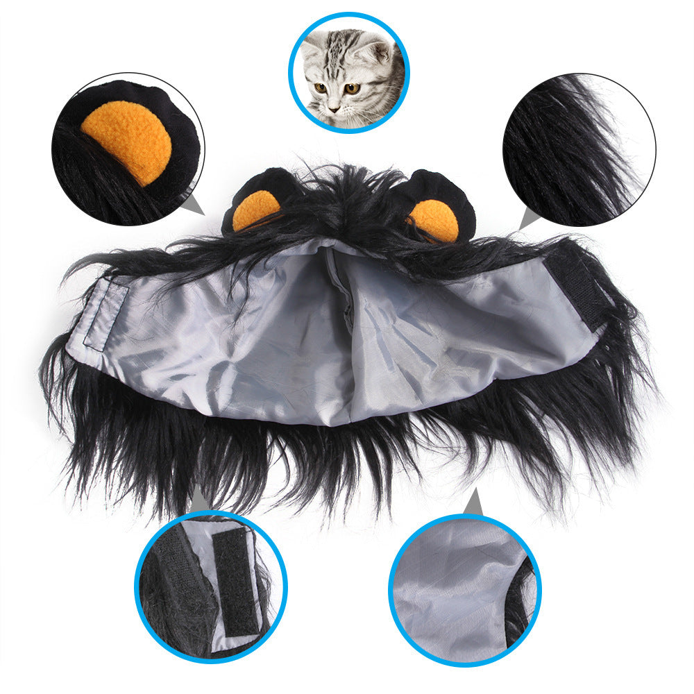 Close-up detail showing black furry mane, orange inner ears, velcro strap, and inner lining inside pet headgear