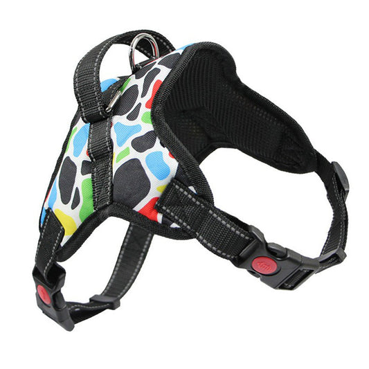 Black harness with colorful spotted pattern viewed from side showing padded mesh and adjustable straps
