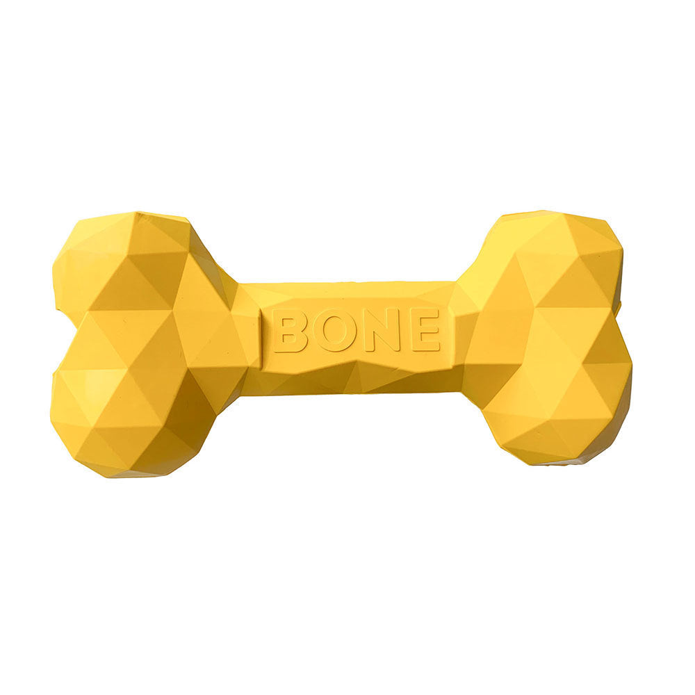 Yellow geometric rubber dog bone toy with BONE logo on white background