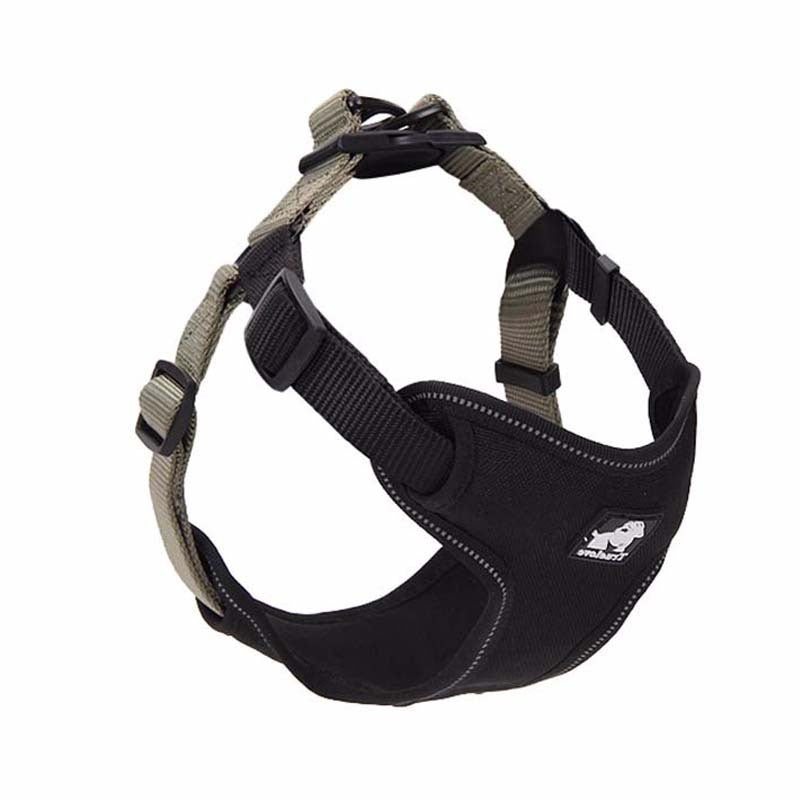 Black and khaki adjustable dog harness with breathable mesh padding