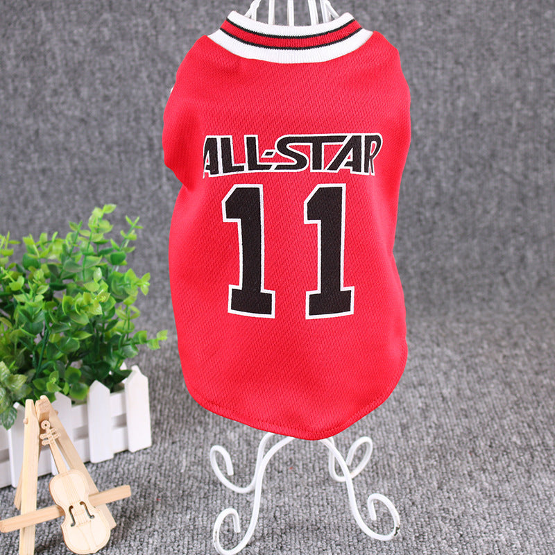 Red All-Star dog vest displayed on white decorative mannequin stand